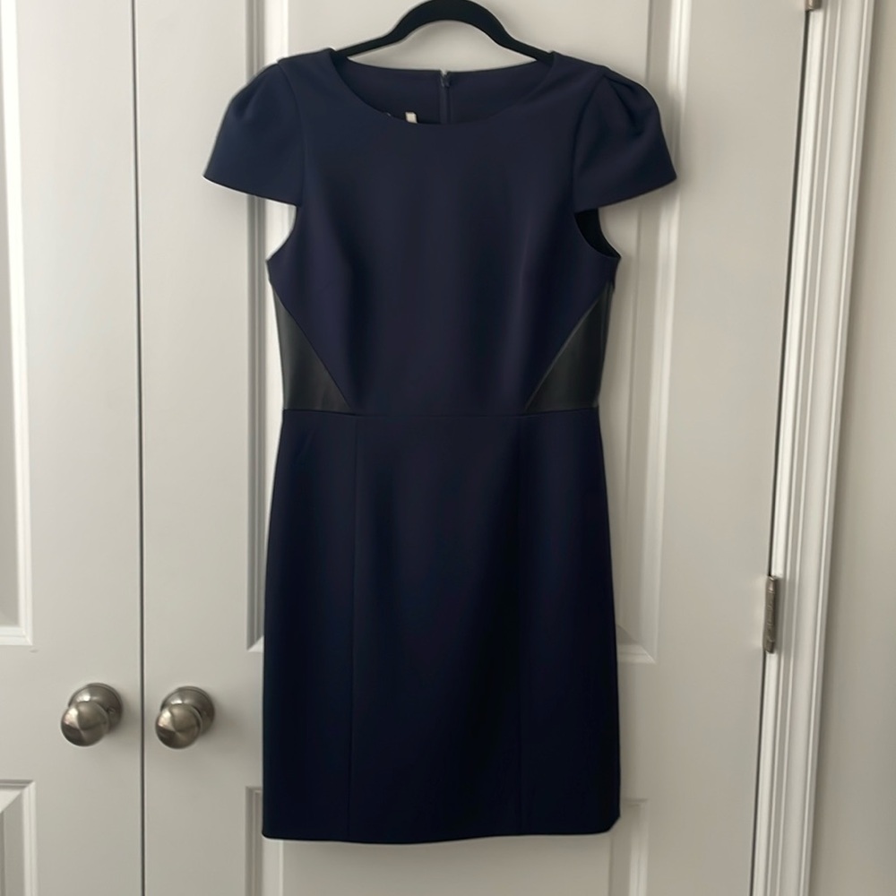 navy dress with leather